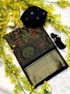 Tew Soft Bleck Dola Silk Kalamkari Design Sarees